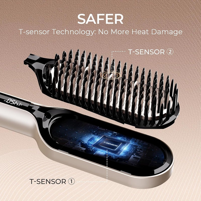 TYMO Hair Straightener Brush - Upgraded Ionic Plus Straightening Brush with Dense Bristles, 16 Temps, Dual Voltage | Ceramic Hot Comb for Women | Flat Iron for Thick Curly Hair, Gold - Image 2